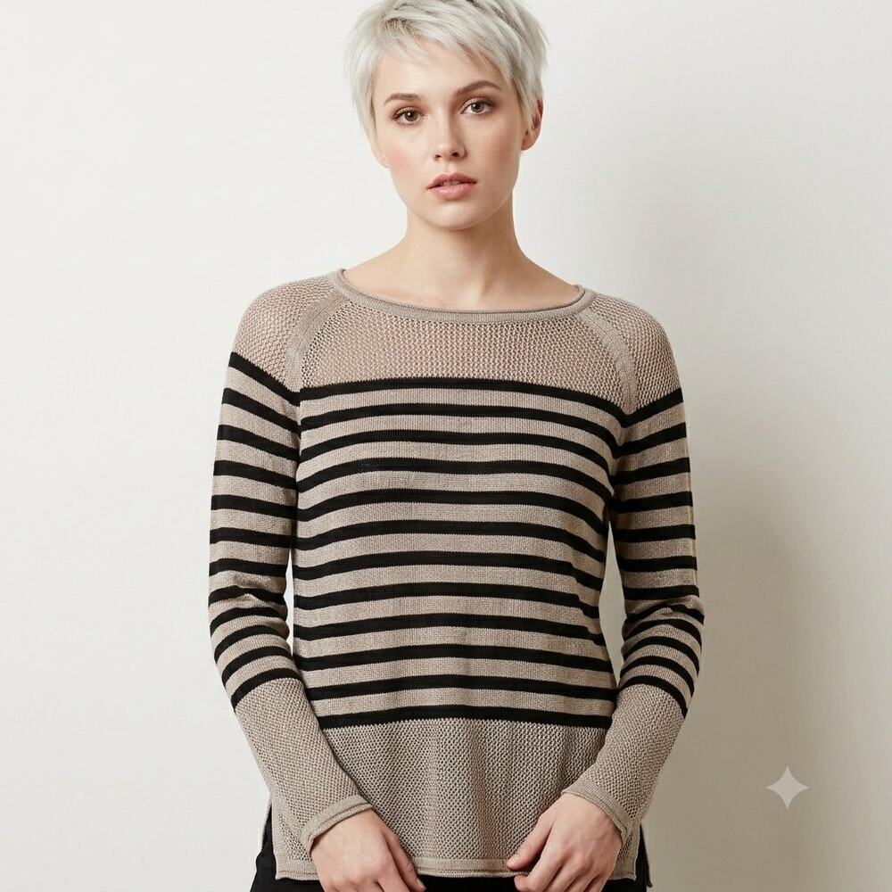 525 America Womens Small Striped Open Knit Sweater Semi See Through Side Slits